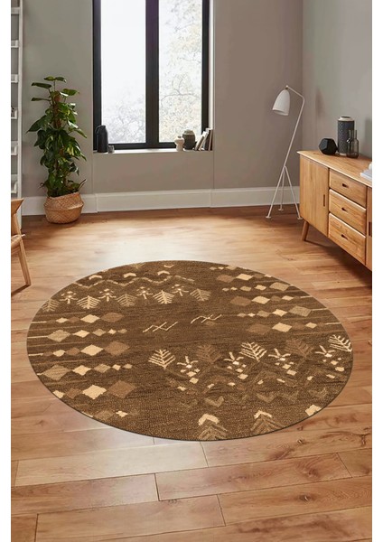 Iskandinav Desen Modern Kaymaz Yıkanabilir Yuvarlak Mutfak Salon Halısı, Y-Iskandinav-24-Kahve,