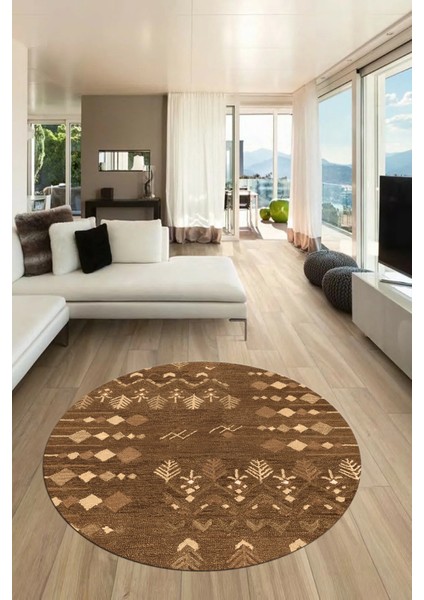 Iskandinav Desen Modern Kaymaz Yıkanabilir Yuvarlak Mutfak Salon Halısı, Y-Iskandinav-24-Kahve, fırsatları