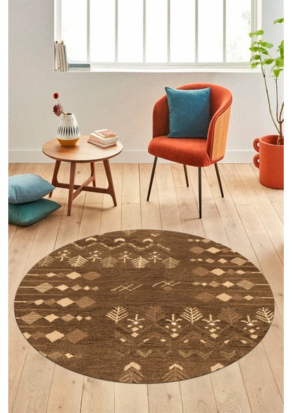 Iskandinav Desen Modern Kaymaz Yıkanabilir Yuvarlak Mutfak Salon Halısı, Y-Iskandinav-24-Kahve, indirimleri