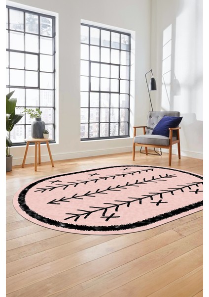 Dijital Kaymaz Yıkanabilir Iskandinav Desen Oval Mutfak Yolluk Salon Halısı, O-Iskandinav-07-Pembe,