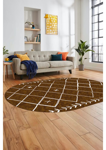 Iskandinav Kaymaz Yıkanabilir Oval Yolluk Salon Halısı Koridor Halısı, O-Iskandinav-18-Kahve, fiyatları