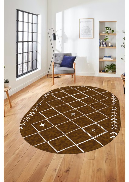 Iskandinav Kaymaz Yıkanabilir Oval Yolluk Salon Halısı Koridor Halısı, O-Iskandinav-18-Kahve, indirimleri