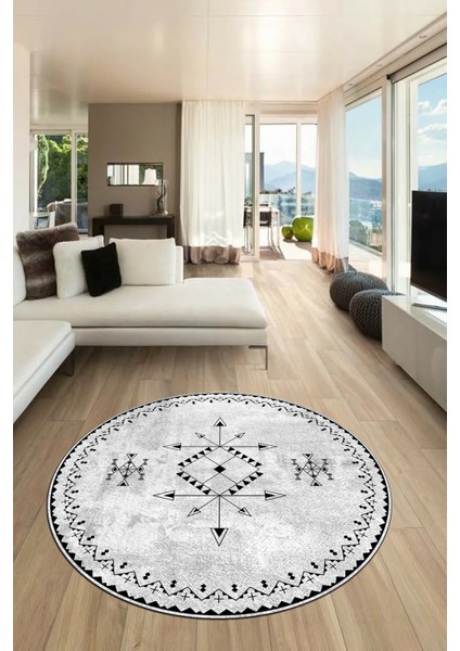 Dijital Kaymaz Yıkanabilir Iskandinav Desen Yuvarlak Mutfak Salon Halısı, Y-Iskandinav-08-Gri,