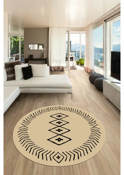 Dijital Kaymaz Yıkanabilir Iskandinav Yuvarlak Mutfak Salon Halısı, Y-Iskandinav-03-Krem,