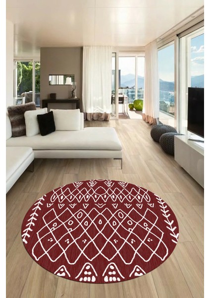 Iskandinav Desen Dijital Kaymaz Yıkanabilir Yuvarlak Mutfak Salon Halısı, Y-Iskandinav-19-Bordo,