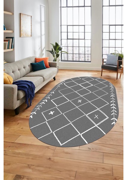 Iskandinav Kaymaz Yıkanabilir Oval Yolluk Salon Halısı Koridor Halısı, O-Iskandinav-18-Gri,