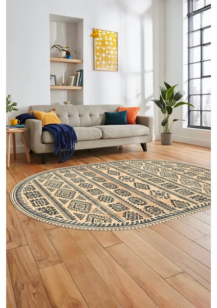 Iskandinav Desen Kaymaz Yıkanabilir Oval Yolluk Mutfak Koridor Salon Halısı, O-Iskandinav-23-Krem,