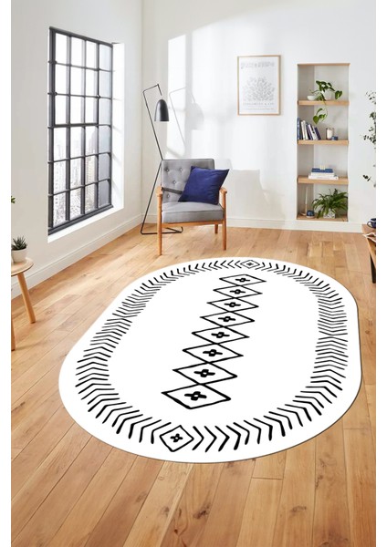 Dijital Kaymaz Yıkanabilir Iskandinav Oval Mutfak Yolluk Salon Halısı, O-Iskandinav-03-Beyaz,