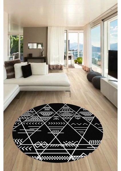 Iskandinav Desen Dijital Kaymaz Yıkanabilir Yuvarlak Salon Halısı, Y-Iskandinav-20-Siyah,