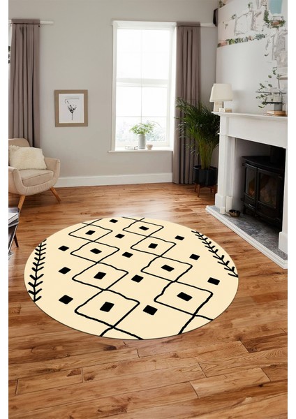 Dijital Kaymaz Yıkanabilir Modern Iskandinav Yuvarlak Mutfak Salon Halısı, Y-Iskandinav-25-Krem, modelleri