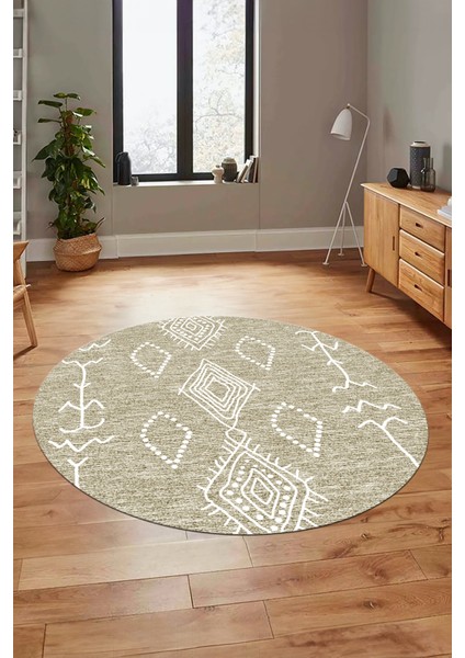 Dijital Kaymaz Yıkanabilir Şık Iskandinav Yuvarlak Mutfak Salon Halısı, Y-Iskandinav-26-Krem,