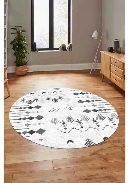 Iskandinav Desen Modern Kaymaz Yıkanabilir Yuvarlak Mutfak Salon Halısı, Y-Iskandinav-24-Beyaz,