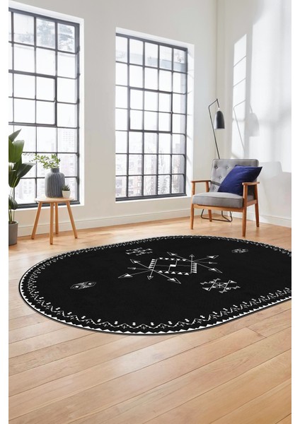 Dijital Kaymaz Yıkanabilir Iskandinav Oval Mutfak Yolluk Salon Halısı, O-Iskandinav-08-Antrasit,