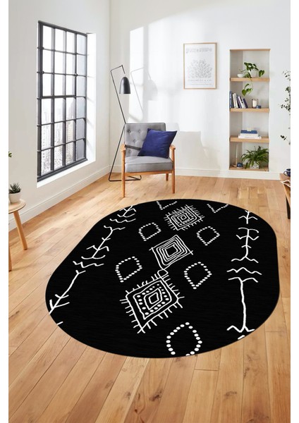 Dijital Kaymaz Yıkanabilir Şık Iskandinav Oval Mutfak Yolluk Salon Halısı, O-Iskandinav-26-Antrasit,