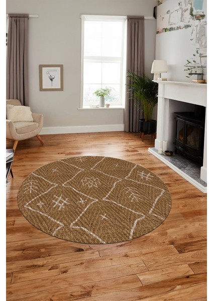 Dijital Kaymaz Yıkanabilir Iskandinav Desen Yuvarlak Mutfak Salon Halısı, Y-Iskandinav-04-Kahve,