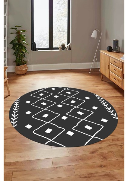 Dijital Kaymaz Yıkanabilir Modern Iskandinav Yuvarlak Mutfak Salon Halısı, Y-Iskandinav-25-Antrasit,