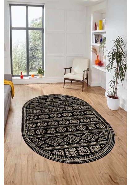 Iskandinav Desen Kaymaz Yıkanabilir Oval Yolluk Mutfak Koridor Salon Halısı, O-Iskandinav-23-Siyah,