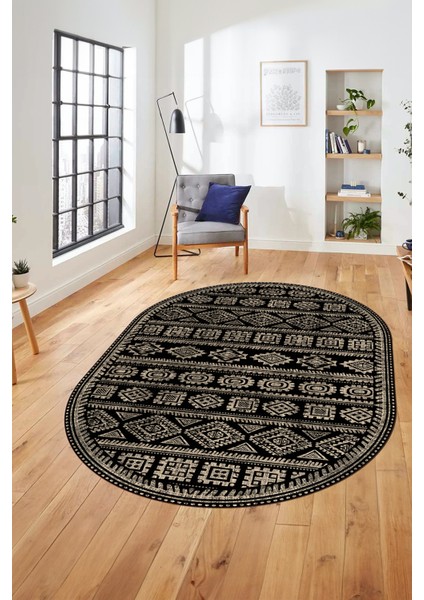 Iskandinav Desen Kaymaz Yıkanabilir Oval Yolluk Mutfak Koridor Salon Halısı, O-Iskandinav-23-Siyah,