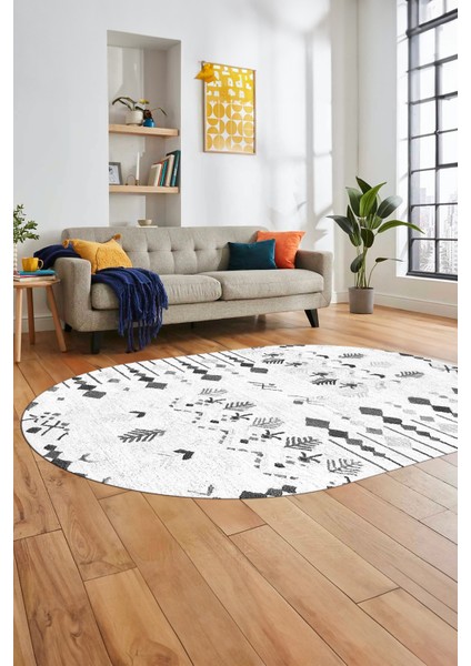 Iskandinav Desen Modern Kaymaz Yıkanabilir Oval Yolluk Mutfak Salon Halısı, O-Iskandinav-24-Beyaz,