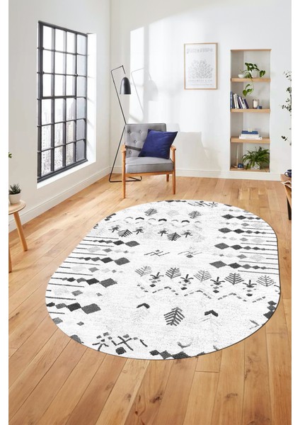 Iskandinav Desen Modern Kaymaz Yıkanabilir Oval Yolluk Mutfak Salon Halısı, O-Iskandinav-24-Beyaz, fırsatları