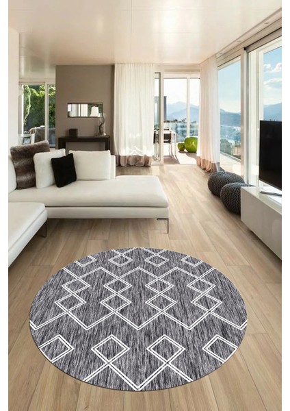 Dijital Kaymaz Yıkanabilir Sade Iskandinav Yuvarlak Mutfak Salon Halısı, Y-Iskandinav-05-Gri,