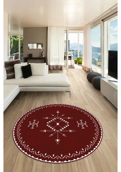 Dijital Kaymaz Yıkanabilir Iskandinav Desen Yuvarlak Mutfak Salon Halısı, Y-Iskandinav-08-Bordo,