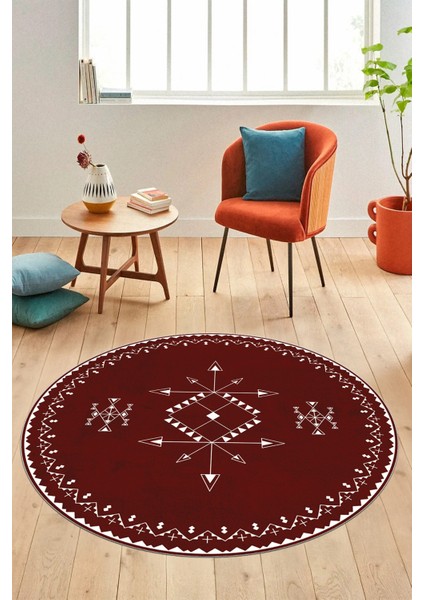Dijital Kaymaz Yıkanabilir Iskandinav Desen Yuvarlak Mutfak Salon Halısı, Y-Iskandinav-08-Bordo,