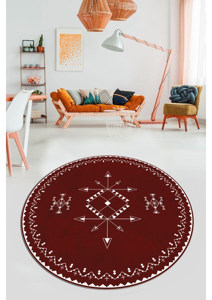 Dijital Kaymaz Yıkanabilir Iskandinav Desen Yuvarlak Mutfak Salon Halısı, Y-Iskandinav-08-Bordo,