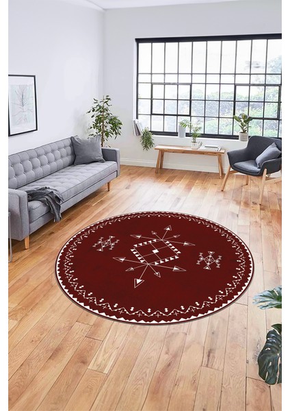 Dijital Kaymaz Yıkanabilir Iskandinav Desen Yuvarlak Mutfak Salon Halısı, Y-Iskandinav-08-Bordo,
