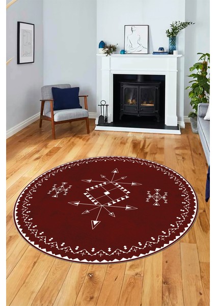 Dijital Kaymaz Yıkanabilir Iskandinav Desen Yuvarlak Mutfak Salon Halısı, Y-Iskandinav-08-Bordo,