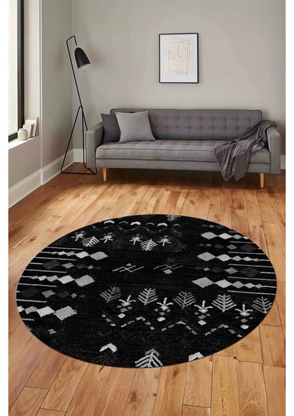 Iskandinav Desen Modern Kaymaz Yıkanabilir Yuvarlak Mutfak Salon Halısı, Y-Iskandinav-24-Siyah, fiyatları
