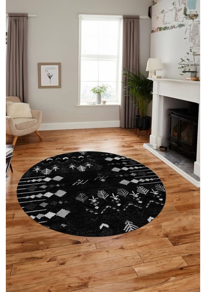Iskandinav Desen Modern Kaymaz Yıkanabilir Yuvarlak Mutfak Salon Halısı, Y-Iskandinav-24-Siyah, modelleri