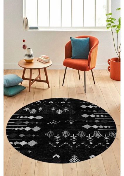 Iskandinav Desen Modern Kaymaz Yıkanabilir Yuvarlak Mutfak Salon Halısı, Y-Iskandinav-24-Siyah, indirimleri