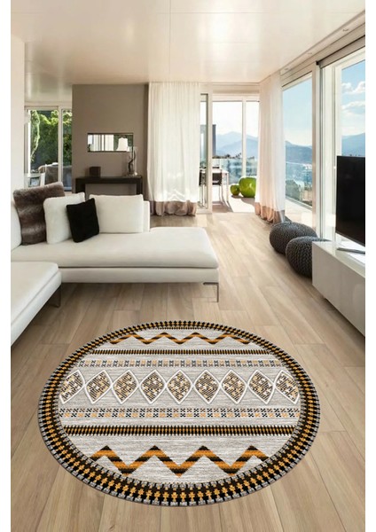 Dijital Kaymaz Yıkanabilir Iskandinav Tasarım Yuvarlak Mutfak Salon Halısı, Y-Iskandinav-27-Kahve,