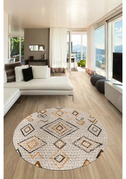 Dijital Kaymaz Yıkanabilir Iskandinav Desen Yuvarlak Mutfak Salon Halısı, Y-Iskandinav-29-Kahve,