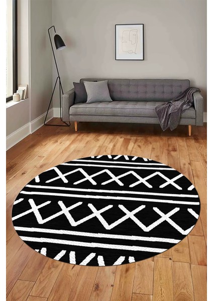 Dijital Kaymaz Yıkanabilir Iskandinav Tasarım Yuvarlak Mutfak Salon Halısı, Y-Iskandinav-28-Siyah,