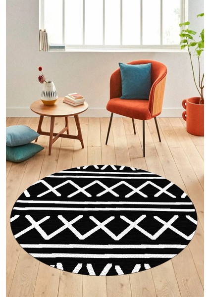 Dijital Kaymaz Yıkanabilir Iskandinav Tasarım Yuvarlak Mutfak Salon Halısı, Y-Iskandinav-28-Siyah, fırsatları