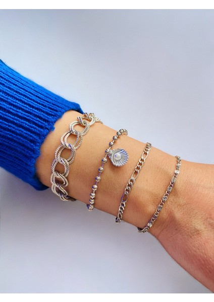 Gümüş Kaplama 4'lü Kombin Bileklik Seti Gümüş Renk Zincir Bilezik Künye