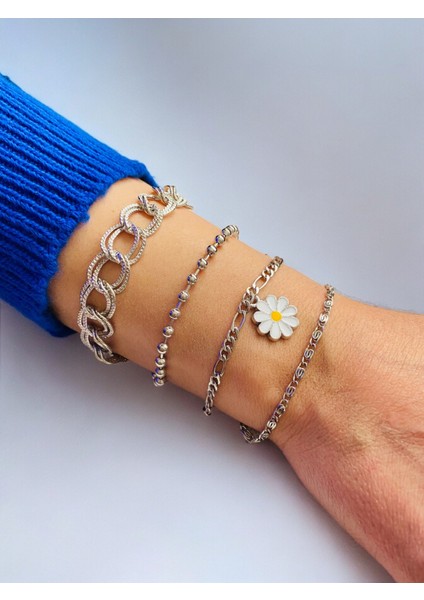 Gümüş Kaplama 4'lü Kombin Bileklik Seti Gümüş Renk Zincir Bilezik Künye