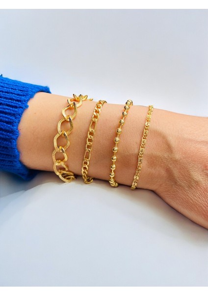 Altın Kaplama 4'lü Kombin Bileklik Seti Gold Renk Zincir Bilezik Künye