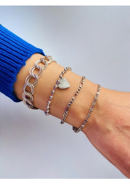 Gümüş Kaplama 4'lü Kombin Bileklik Seti Gümüş Renk Zincir Bilezik Künye