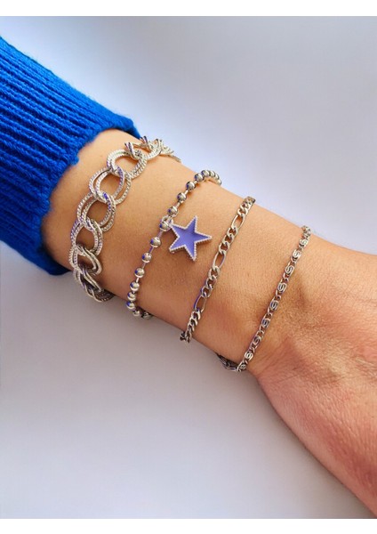 Gümüş Kaplama 4'lü Kombin Bileklik Seti Gümüş Renk Zincir Bilezik Künye