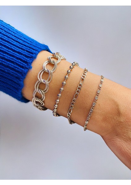 Gümüş Kaplama 4'lü Kombin Bileklik Seti Gümüş Renk Zincir Bilezik Künye