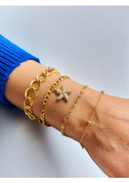 Altın Kaplama 4'lü Kombin Bileklik Seti Gold Renk Zincir Bilezik Künye