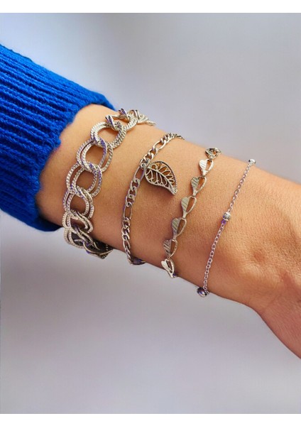 Gümüş Kaplama 4'lü Kombin Bileklik Seti Gümüş Renk Zincir Bilezik Künye