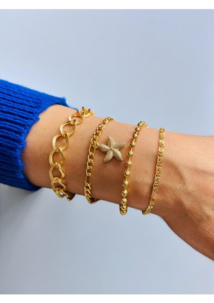 Altın Kaplama 4'lü Kombin Bileklik Seti Gold Renk Zincir Bilezik Künye