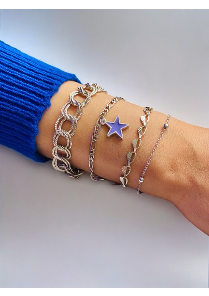 Gümüş Kaplama 4'lü Kombin Bileklik Seti Gümüş Renk Zincir Bilezik Künye