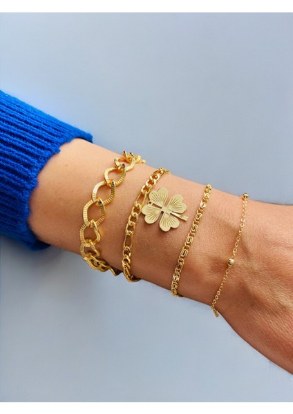 Altın Kaplama 4'lü Kombin Bileklik Seti Gold Renk Zincir Bilezik Künye