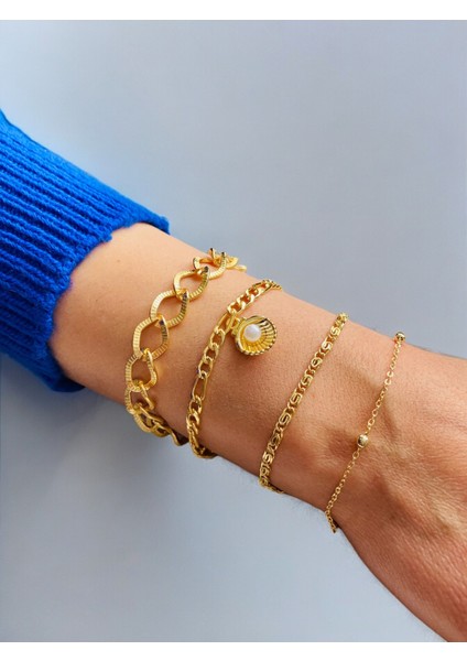 Altın Kaplama 4'lü Kombin Bileklik Seti Gold Renk Zincir Bilezik Künye