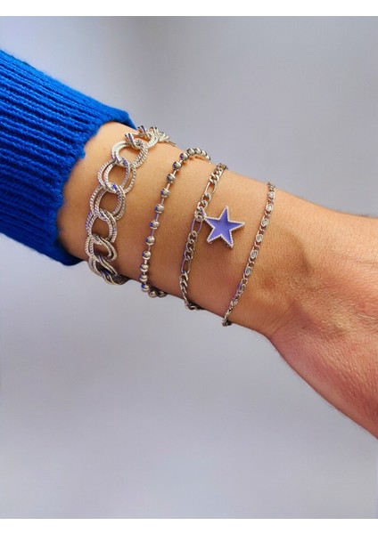 Gümüş Kaplama 4'lü Kombin Bileklik Seti Gümüş Renk Zincir Bilezik Künye